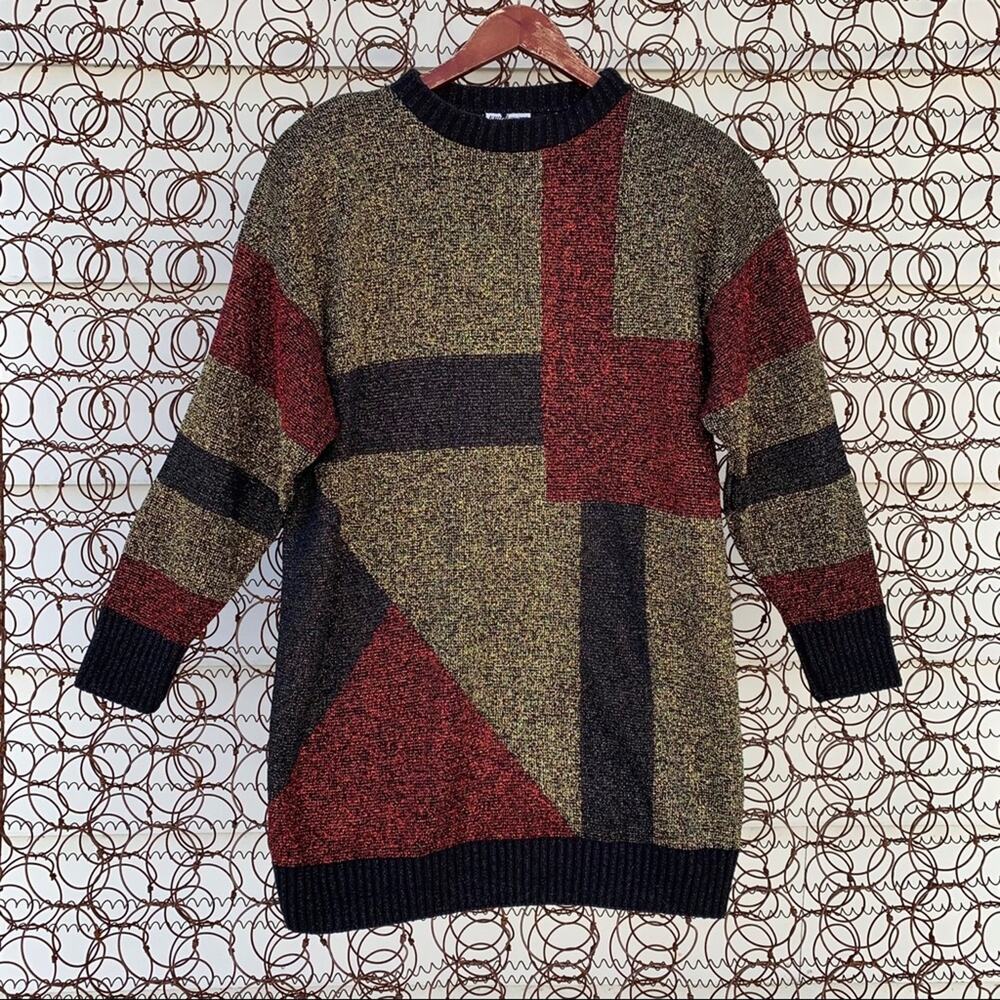 Vintage 90s Knitmakers metallic geometric gold black maroon sweater tunic LG?